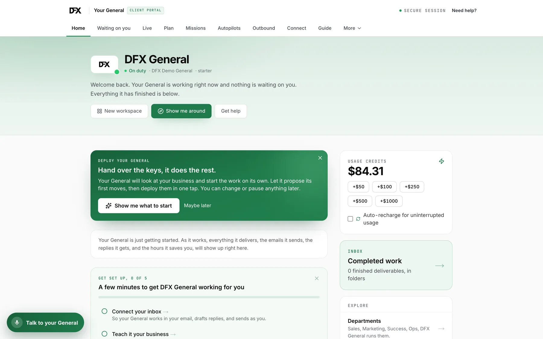 The client portal home screen for a General, showing usage credits and completed work.