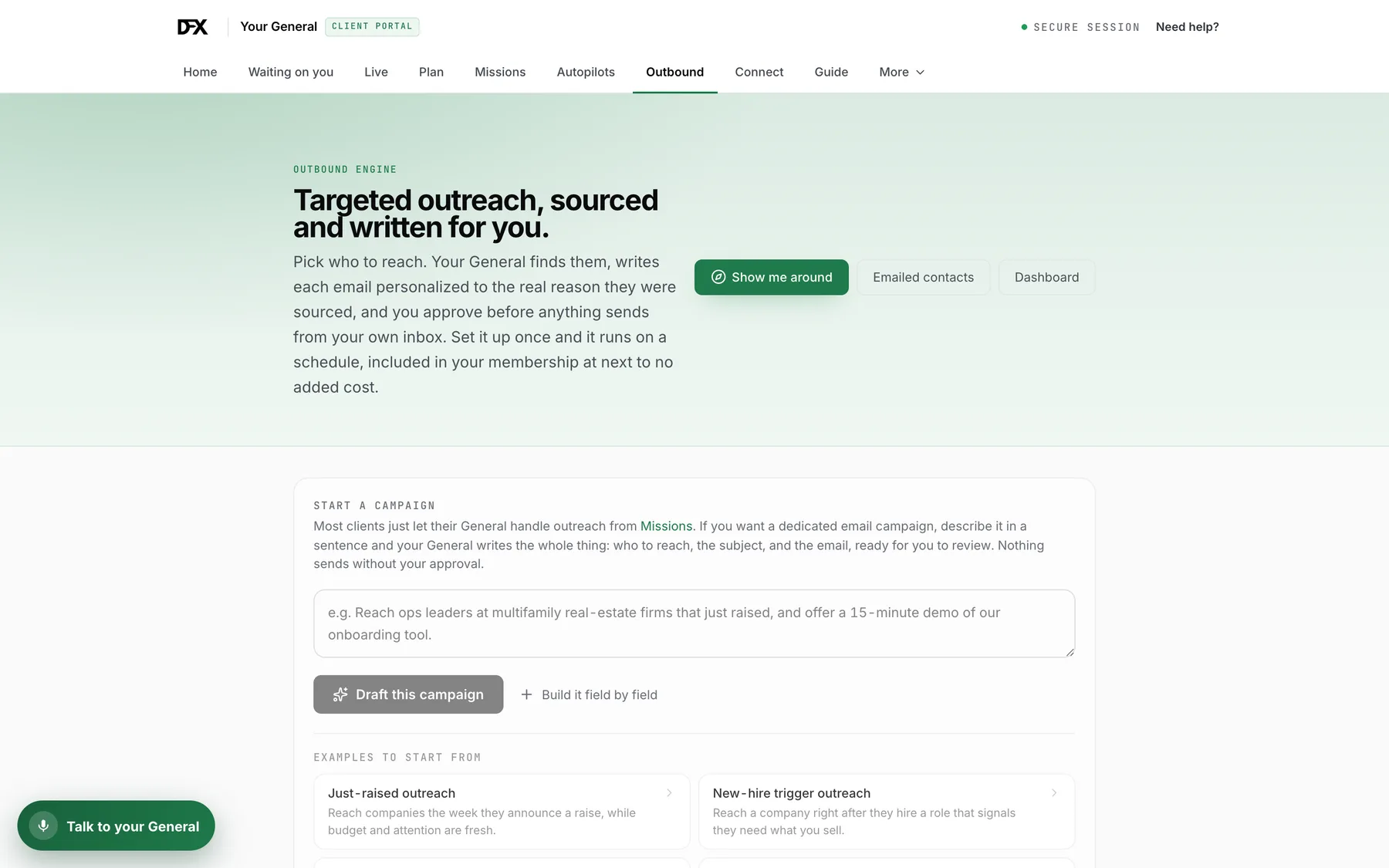 The Outbound engine screen, where outreach is sourced, written and held for approval.
