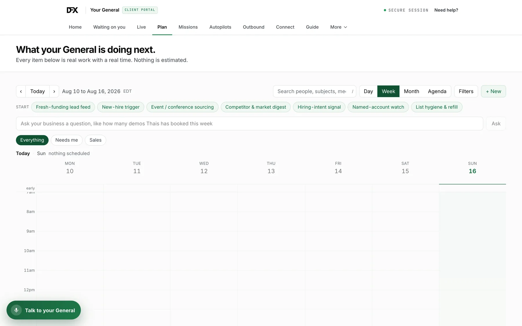 The Plan screen, a week calendar of scheduled work with standing orders listed above it.